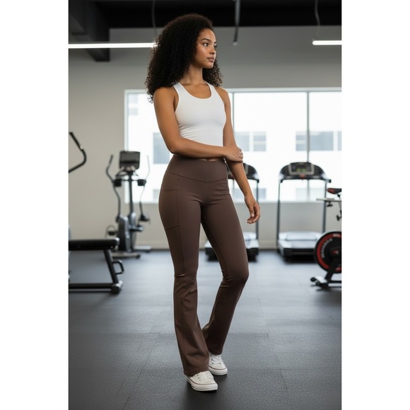 New Member's Mark Flare Yoga Pant Women L Large Brown High Waist 11.5" Pockets - Picture 3 of 12